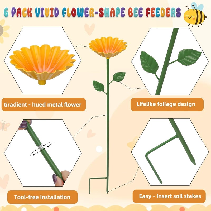 HEYTIMI 6 Pack Bee Watering Station, Bee Feeder for Garden Metal Butterfly Water Feeder Colorful Flower Design Bath Bowl with Glass Beads for Pollinators Outdoor Garden Yard & Patio Decor - Image 3